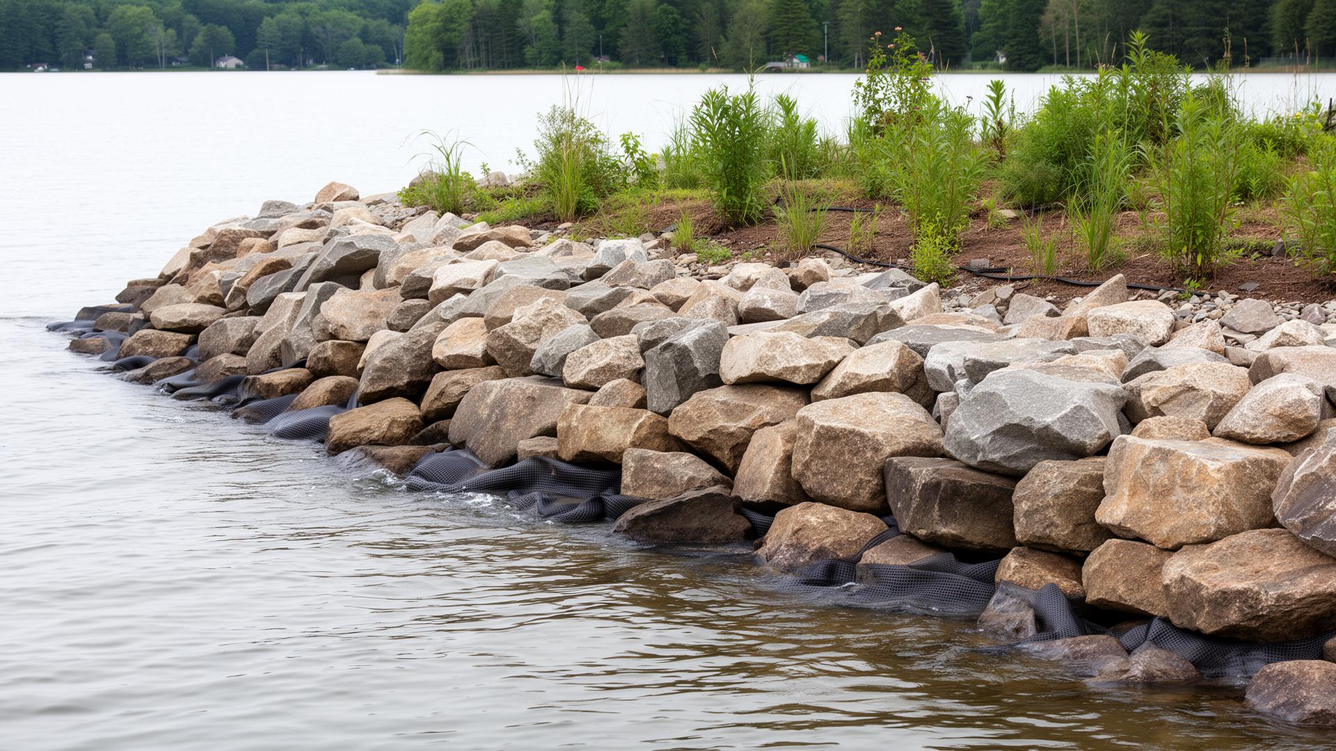 Freshly installed lakeshore riprap using 12 to 30 inch angular fieldstone boulders with filter fabric at the toe